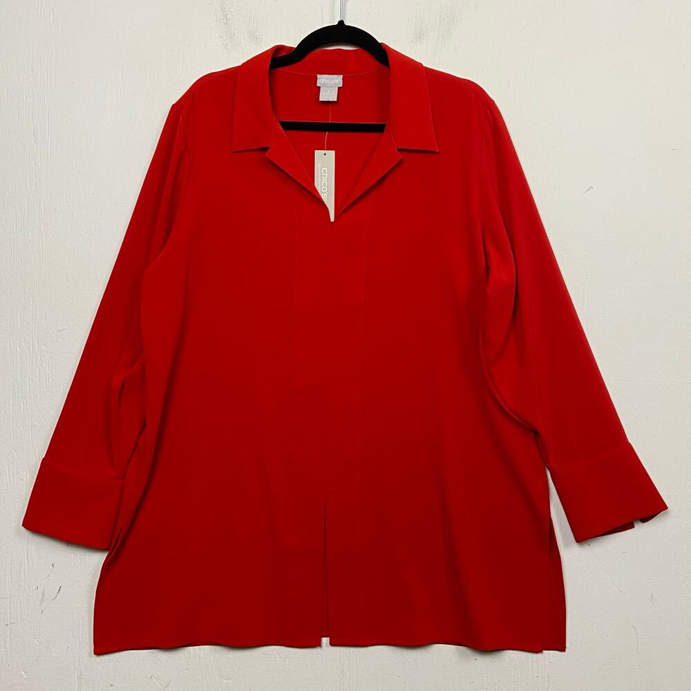 Chico’s Women's Red Long Sleeve Tunic Blouse Top Gold Chain Trim Size 16/18 NWT